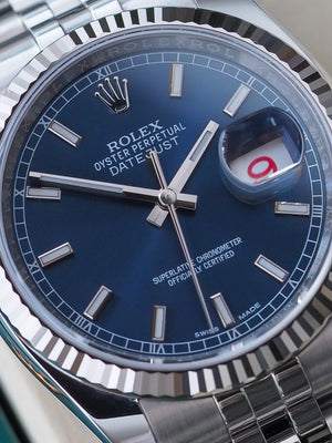 Rolex datejust 36 116234 roulette date blue dial jubilee fluted bezel