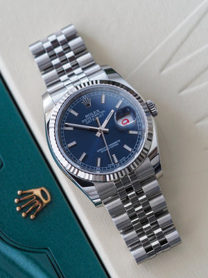 Rolex datejust 36 116234 roulette date blue dial jubilee fluted bezel